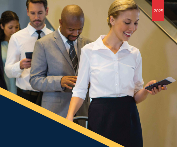 Corporate airline passengers holding travel documents during international travel